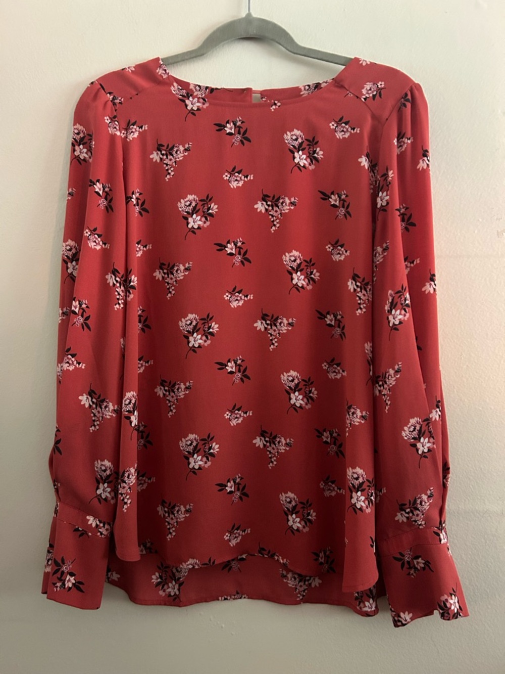 LOFT Coral-Red Floral Long-Sleeve Blouse